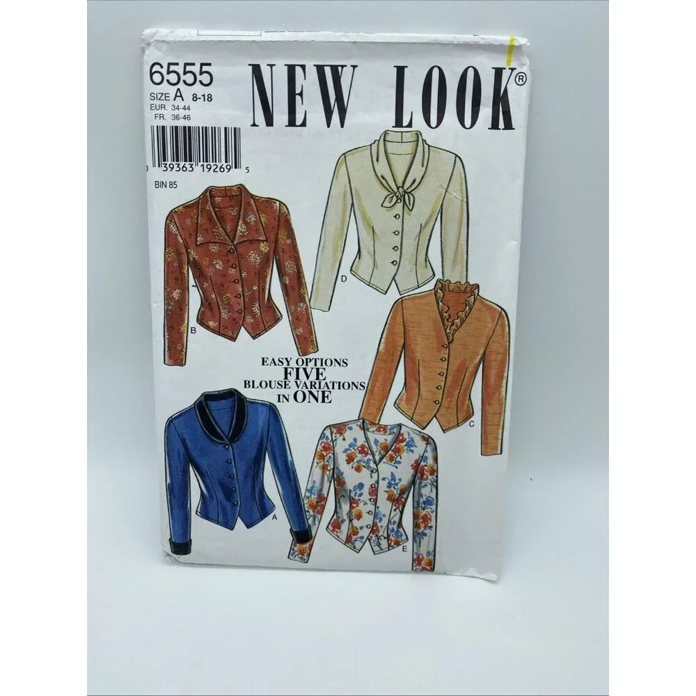 New Look 5 Blouse 8-18 Variations in One Sewing Pattern #6555 Uncut Factory Fold
